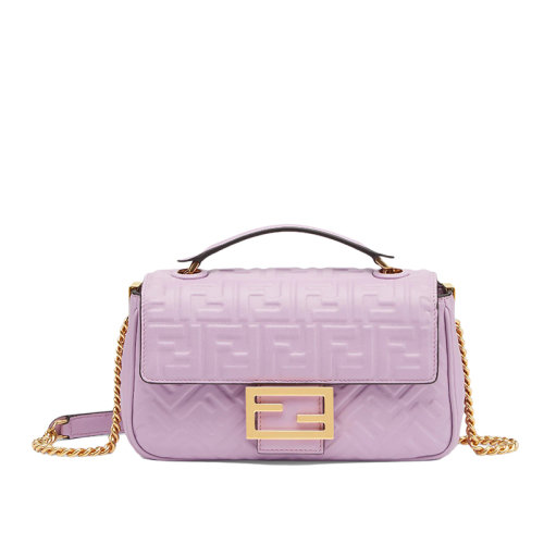 FENDI/芬迪 22新款Baguette系列 女士淡紫色納帕羊皮革3D紋理FF圖案中長鏈FF搭扣翻蓋手袋單肩斜挎法棍包8BR793AH9CF1HO5