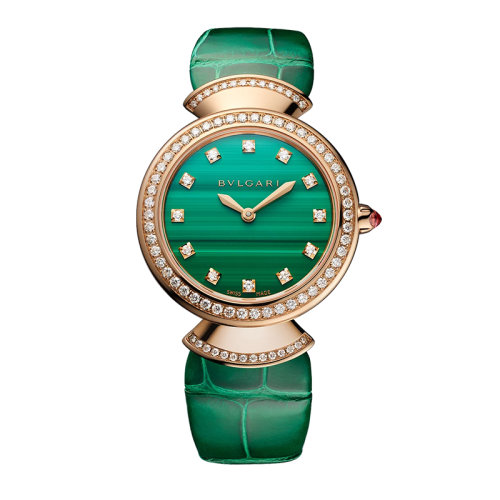 BVLGARI/寶格麗  DIVAS'DREAM系列鑲鉆款 18K金玫瑰金表殼孔雀石表盤綠色鱷魚皮表帶 30毫米