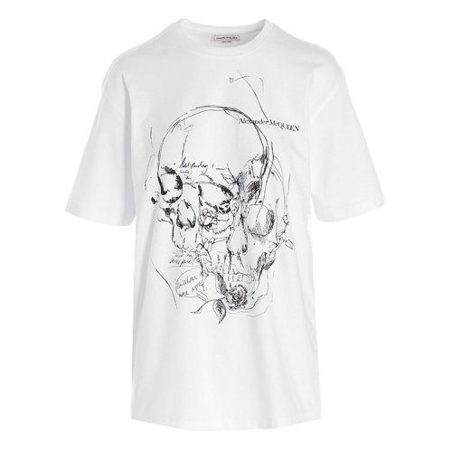 Alexander McQueen/亞歷山大麥昆  女裝 骷髏頭圖案 女士白色棉質(zhì)時尚圓領(lǐng)春夏短袖T恤 651917QZACN0900
