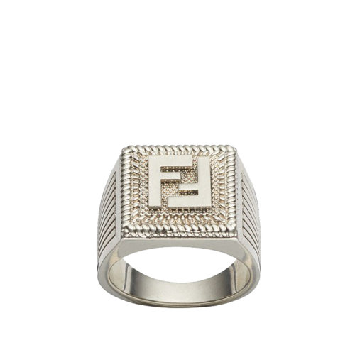FENDI/芬迪  FF GUILLOCHéE系列 鈀色金屬FF圖案扭索飾紋雕刻戒指7AJ535B08F1987