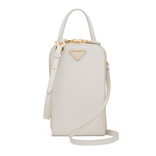 PRADA/普拉達(dá) 22新款 女士mini白色saffiano皮革琺瑯徽標(biāo)配手柄拆卸調(diào)節(jié)肩帶拉鏈開合單肩斜挎手提包1BP027_NZV_F0K74_V_YM1