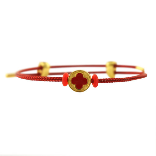 GJY/古金玥 四葉草 3D硬金 琺瑯烤漆999足金鋼絲繩祈福黃金轉(zhuǎn)運(yùn)珠