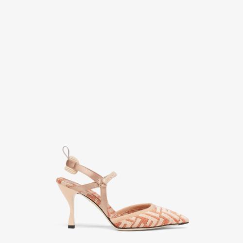  FENDI芬迪 22年秋冬 女士 高跟鞋 高跟粉紅色FF雪尼爾露跟女鞋 8J8361AKXYF1IEG