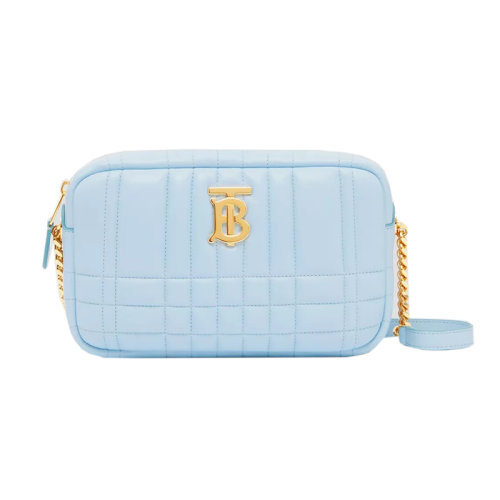 BURBERRY/博柏利 22新款 Lola系列 女士小號淺藍色絎縫小羊皮拉鏈開合金色金屬拋光配件小羊皮表帶配金色調節(jié)鏈條單肩斜挎相機包80606581