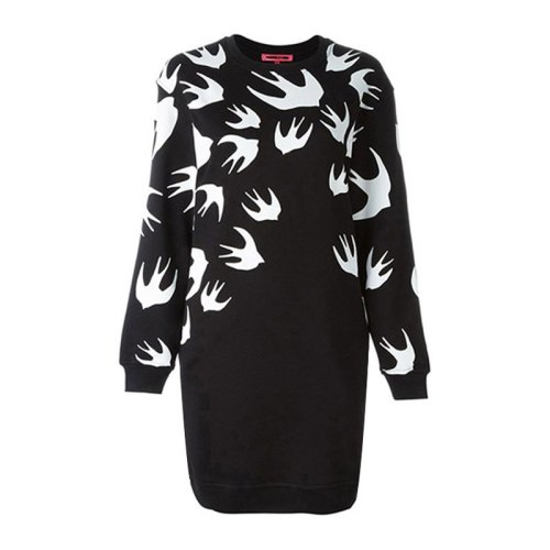 Alexander McQueen/亞歷山大麥昆  黑色棉質(zhì)燕子圖案印花長袖女士連衣裙