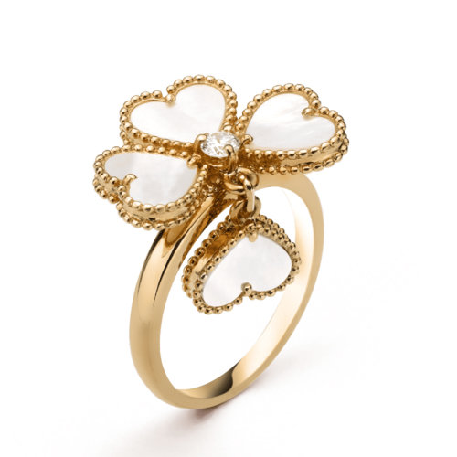 Van Cleef & Arpels/梵克雅寶  18K金黃金鑲白貝母桃心四葉草吊墜戒指 VCARN5P300