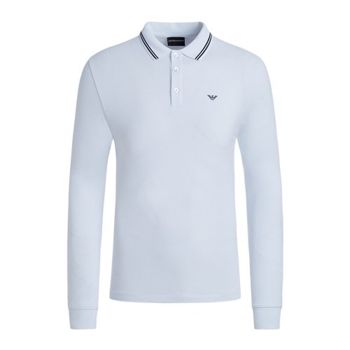 Emporio Armani/安普里奧阿瑪尼 時(shí)尚休閑條紋領(lǐng)黑色男士長(zhǎng)POLO衫 T恤
