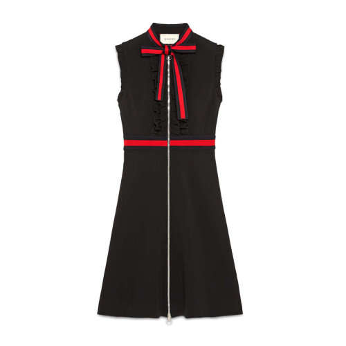 GUCCI 古馳 女裝 服飾 黑色粘膠纖維條紋蝴蝶結(jié)無(wú)袖女士連衣裙