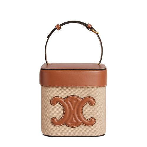 CELINE/賽琳 22新款TRIOMPHE系列 女士中號自然色/棕褐色織物配皮飾凱旋徽標(biāo)蓋子扣合單肩手提包199252EFL.02NT