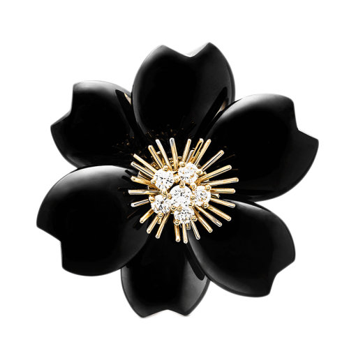 Van Cleef & Arpels/梵克雅寶 經(jīng)典Rose de No?l系列 18k金黃金黑瑪瑙鑲嵌鉆石玫瑰中號(hào)胸針VCARO9B300