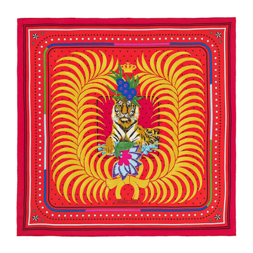 HERMES/愛(ài)馬仕 女士拼色真絲花飾王者之虎印花手工卷邊斜紋方巾絲巾頭巾圍巾 H983503S 多色可選
