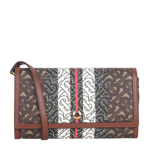 BURBERRY/博柏利 馬鞍棕專屬標(biāo)識條紋環(huán)保帆布斜背包 80204041