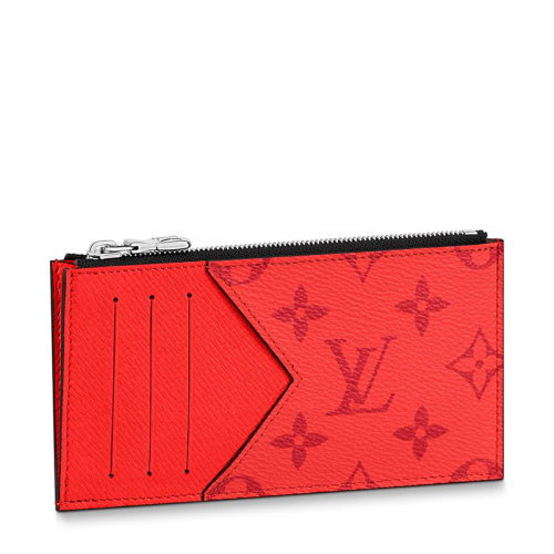 Louis Vuitton/路易威登 22春夏新款 男士紅色老花帆布配皮銀扣拉鏈開合卡夾錢包M30829