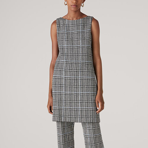 St.John/盛薔黑白格子呢無袖中長款女士連衣裙K1110C1