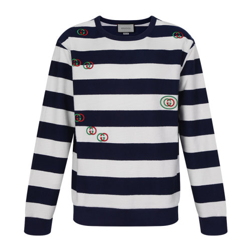 GUCCI/古馳  古琦男裝 經(jīng)典雙G 男士拼色棉質條紋裝飾針織衫/毛衣 581969 XJBKQ