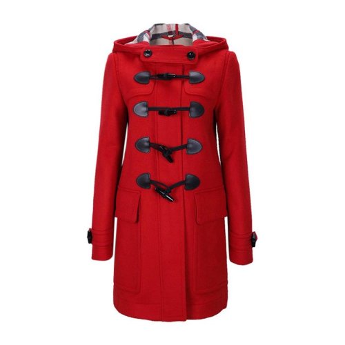 BURBERRY/博柏利 女士紅色羊毛連帽系扣中長(zhǎng)款毛呢大衣