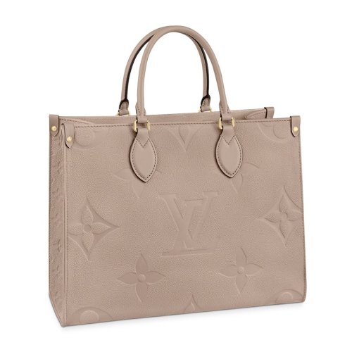 Louis Vuitton/路易威登ONTHEGO系列 女士中號(hào)米鴿色壓紋老花粒面牛皮革金扣單肩斜挎托特包M45607