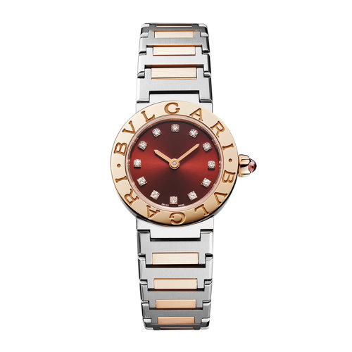 BVLGARI/寶格麗 Bvlgari系列鑲鉆款18K金玫瑰金和精鋼表殼表鏈雕刻雙徽標(biāo)的18K金玫瑰金表圈太陽緞棕色漆面表盤 23毫米