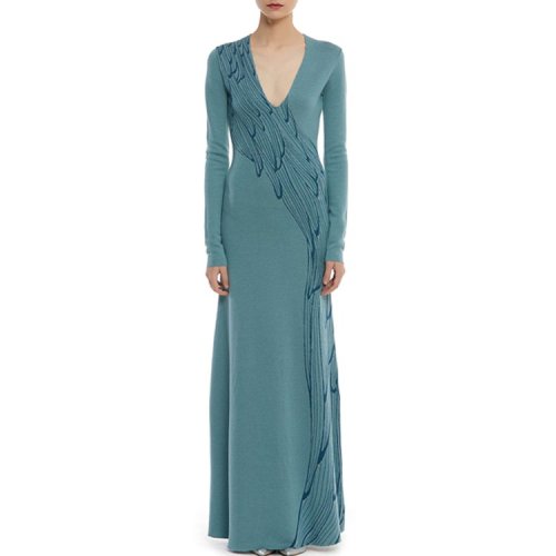 DUXI/度兮【定制】 女士禮服 深V羽翼紋樣禮服裙 （錦繡中華——2018非遺產(chǎn)服飾秀）同款服裝 藍(lán)綠色 XS