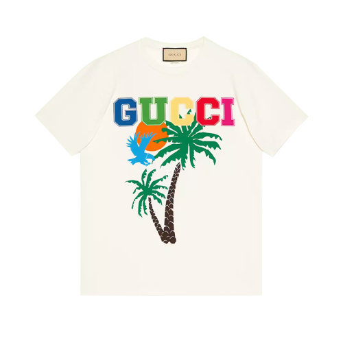 GUCCI/古馳 22年春夏新款 愛的進(jìn)行曲系列 男士白色純棉棕櫚樹印花短袖T恤?548334XJEOW9095