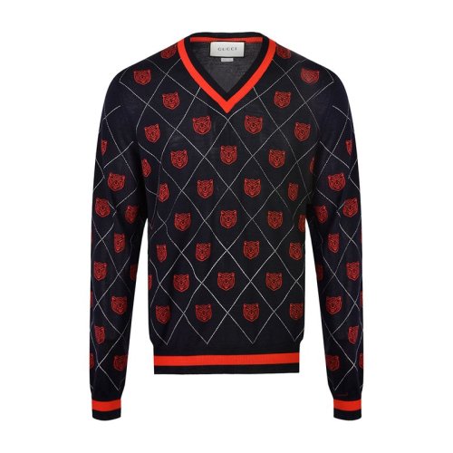 GUCCI/古馳 男裝 服飾 海軍藍(lán)色羊毛紅色虎頭刺繡菱格紋V領(lǐng) 男士針織衣毛衣
