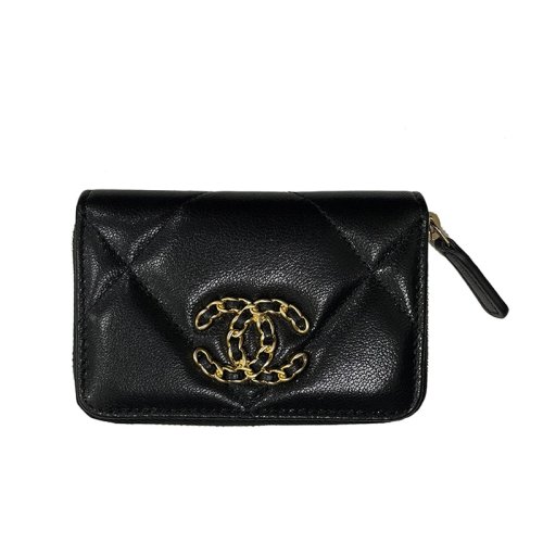 CHANEL/香奈兒 經(jīng)典款19系列 女士黑色小牛皮菱格紋CC金扣拉鏈卡包錢包AP445112574116