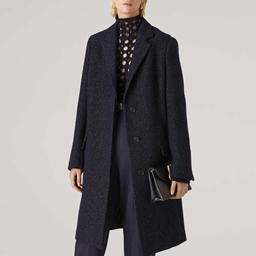 St.John/盛薔藏青色金屬細閃長款大衣女士夾克外套H611WE1