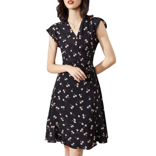 GeleiStory/GeleiStory 2021夏季新款法式v領(lǐng)桑蠶絲櫻桃碎花真絲連衣裙 女士連衣裙