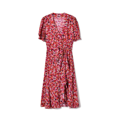 GeleiStory/GeleiStory 春夏新款荷葉邊DV輕熟修身顯瘦人絲碎花連衣裙裹身系帶茶歇裙  女裝＞女士裙裝＞女士連衣裙