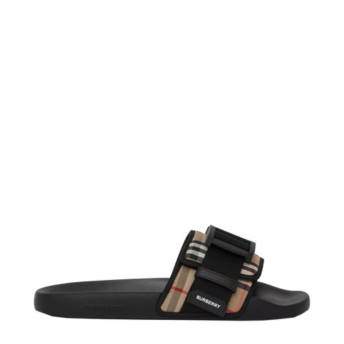 BURBERRY/博柏利 22年秋冬新款 男士米色棉混紡格紋徽標(biāo)搭扣束帶徽標(biāo)印花拖鞋80569171