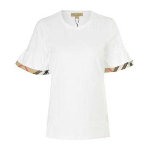 BURBERRY/博柏利 20春夏 女裝 服飾  白色經(jīng)典條紋袖口棉質(zhì)混紡圓領(lǐng)女士短袖T恤格紋飾邊