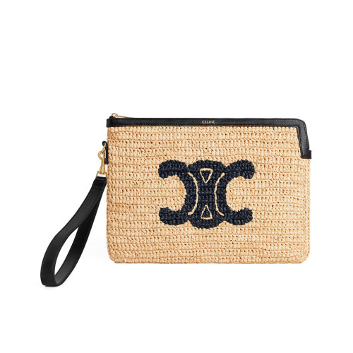 CELINE/賽琳 22新款CUIR TRIOMPHE系列 女士自然色/黑色拉菲草編織皮革飾邊配可拆卸腕帶手拿包10H902EHH.02NC