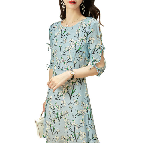 GeleiStory/GeleiStory 2021夏季新款顯瘦薄款碎花中長桑蠶絲連衣裙 女士連衣裙