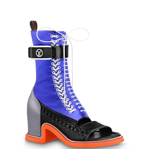 Louis Vuitton/路易威登 22年春夏新款 MOONLIGHT系列 女士藍(lán)色絲緞粗跟露趾半筒靴中筒靴1AA0MX