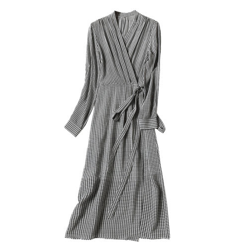 GeleiStory/GeleiStory 秋季新款千鳥格真絲桑蠶絲茶歇裙中長款復(fù)古a字裙 女士連衣裙