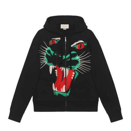 GUCCI 古馳  男裝 服飾 黑色棉質(zhì)豹頭圖案長袖簡約百搭連帽男士衛(wèi)衣