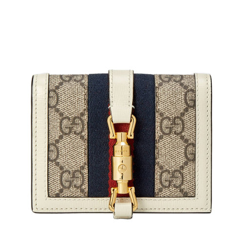 GUCCI/古馳 22春夏新款Jackie 1961系列 女士老花帆布配皮革紅藍(lán)色織帶金扣卡夾錢包645536HUHHG9794