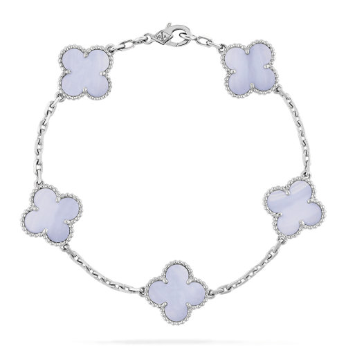 Van Cleef & Arpels/梵克雅寶 經(jīng)典Vintage Alhambra系列 18k金白金鑲紫玉髓5四葉草手鏈VCARD34700