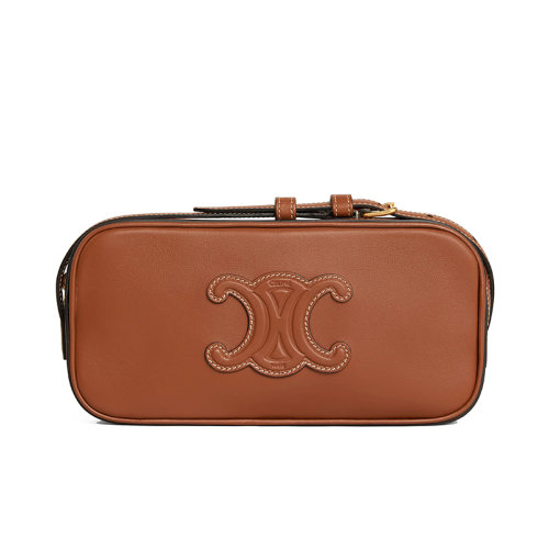 CELINE/賽琳 22新款CUIR TRIOMPHE系列 女士迷你褐色小牛皮拉鏈開合飾同色徽標(biāo)單肩斜挎相機(jī)包10J583DR8.04LU
