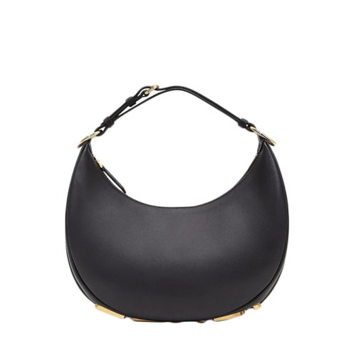 Fendi/芬迪 22年春夏新款Fendigraphy系列 女士黑色皮革復(fù)古金色金屬徽標(biāo)小號新月單肩斜挎手提包8BR798A5DYF1HEJ