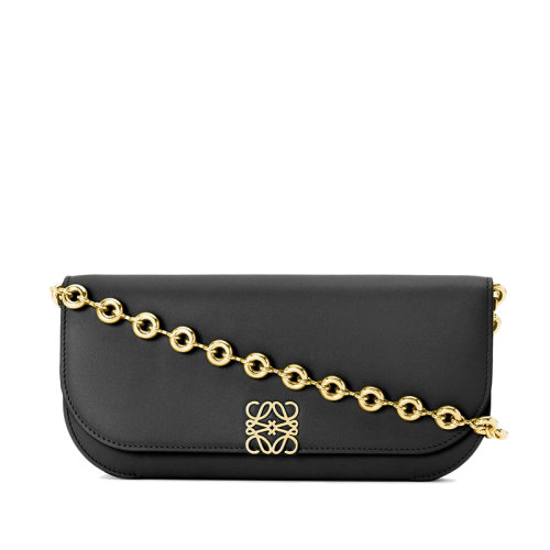 LOEWE/羅意威 22春夏新款Goya系列 女士長款黑色絲綢牛皮風琴結構單肩手提手拿鏈條包A896O45X01-1100