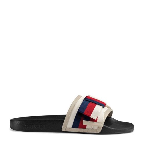 GUCCI/古馳  飾條紋織帶 蝴蝶結(jié)絲緞 時尚黑色/白色 拖鞋女士涼拖 498316 KLWI0 1146