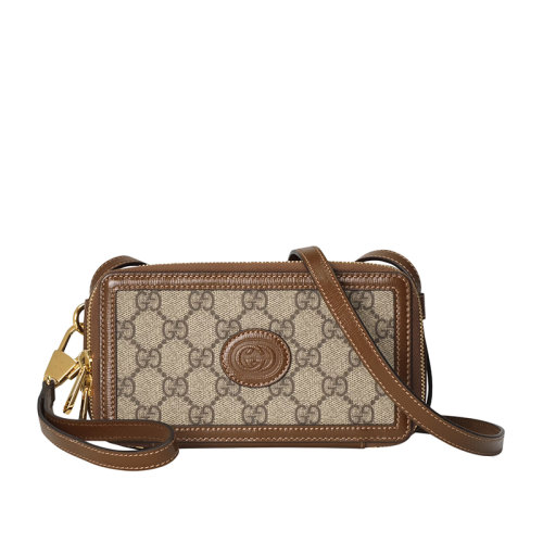 GUCCI/古馳   男女同款迷你經(jīng)典老花帆布棕色皮革雙G細(xì)節(jié)手拿斜挎單肩包67167492TCG8563