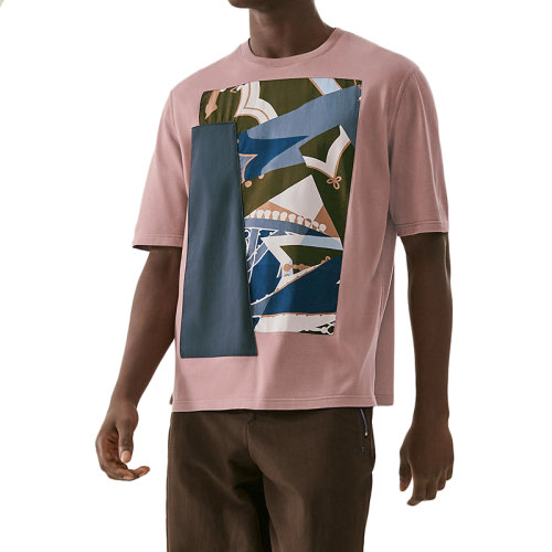 HERMES/愛(ài)馬仕 22年秋冬新款 男士灰粉色純棉Zouaves and Dragons貼布短袖T恤H257810HA0KSM