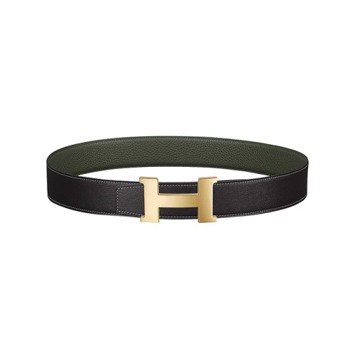 HERMES/愛馬仕 H系列 石墨/銅綠色荔枝紋小牛皮 男士雙面金扣皮帶38毫米H074562CP2K/H077971CAAO080