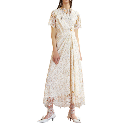 HUI/卉 女士連衣裙19夏季白色花蕾絲短袖收腰連衣裙