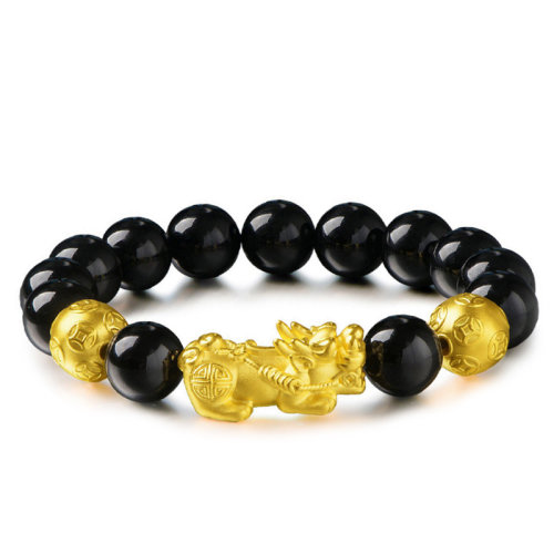 GJY/古金玥  貔貅 3D硬金黃金 本命年男士精品配黑曜石黃金轉(zhuǎn)運(yùn)珠手鏈 送備珠