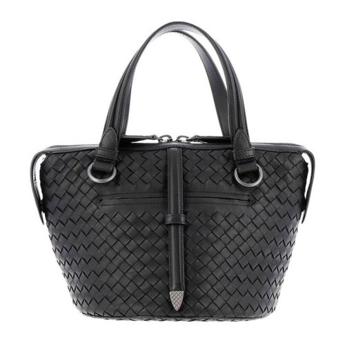 Bottega Veneta/葆蝶家 女士黑色編織皮革金屬色拋光手提包斜挎包單肩包女包 535263-V0016-8175