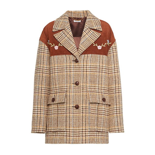 MiuMiu/繆繆 棕色 女士花朵刺繡裝飾蘇格蘭格紋大衣外套 ML596_1V7S_F0D22
