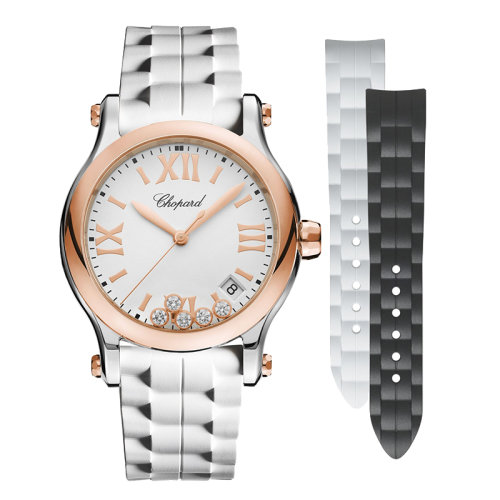  Chopard/蕭邦 Happy Sport系列 石英表玫瑰金表殼鑲嵌鉆石白盤橡膠表帶女表36毫米278582-6001
